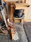Assorted Long Handled Tools, Storage Rack and Stool