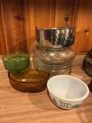Set of Clear Glass Mixing Bowls and Assorted Glassware