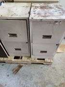 Contents of Pallet - (3) 2 Drawer File Cabinets, 4 Drawer File Cabinet, Small Wooden Side Table and Microwave Cart