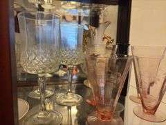 Contents of 1 Shelf - Serving Platters, Water Glasses, Vases, Misc