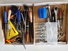 2 Flats of Assorted Tools - Clamps, Grease Fittings, Files