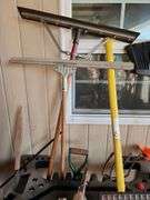 Assorted Long Handled Tools, Storage Rack and Stool