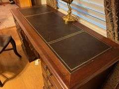 Leather Inlay Desk with Lamp and Chair - 54”W x 29”H x 23”D
