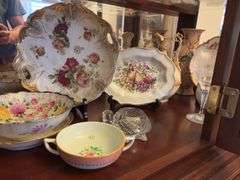 Contents of 1 Shelf - Display Plates, Bowls, Cream & Sugar Bowl, Vases, etc