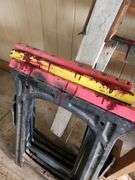 2 Wooden Saw Horses, 3 Plastic Saw Horses and Wooden Brace