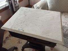 Pair of Marble Top Harp Side Tables - made in Italy - 28”H x 18”W x 14”D