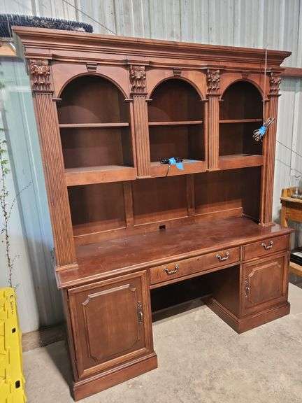Hooker Cherry Bookcase Office Desk with Lighted Top Shelf 69"x83"x24" image