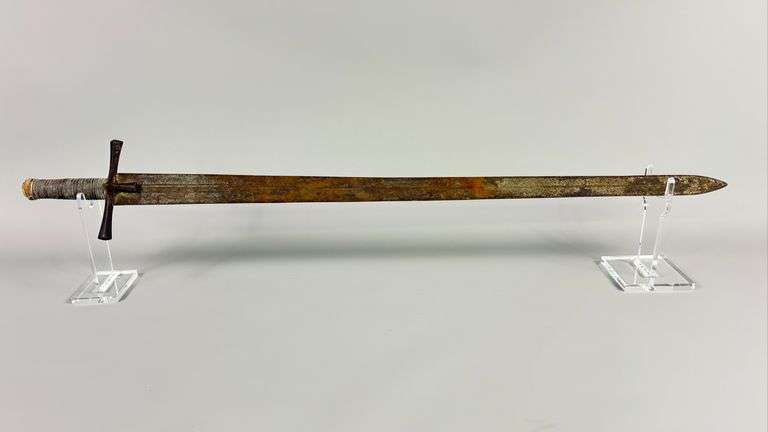 Victorian Era Kaskara Sword with Leather Wrapped Handle and Etching on Blade image