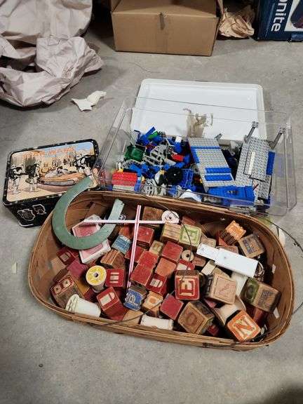 Assorted Miscellaneous Lego Pieces, Vintage Wooden Children's Blocks, and Star Wars Lunch Box image