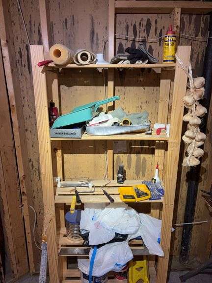 Wooden Shelf with Paint Supplies and Misc Shopware image