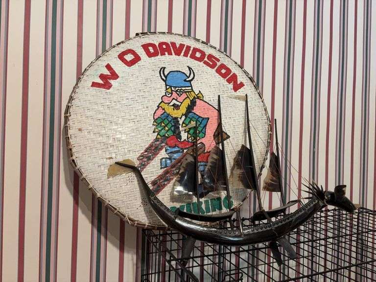 Painted Wicker Shield and Viking Carved Boat image