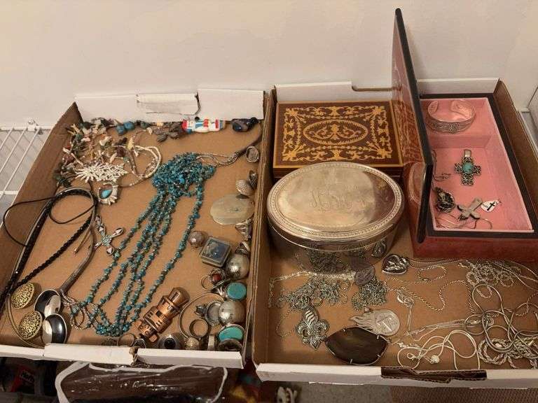 2 Box Lots of Assorted Costume Jewelry turquoise and keepsake boxes image