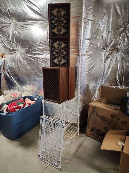 Stereo Speakers and Wire Shelving Units image
