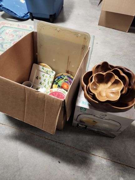 Assorted Kitchenware - Cutting Boards, 2 Piece Footed Cake Set, Wooden Flower Bowls, and Decrative Plates image