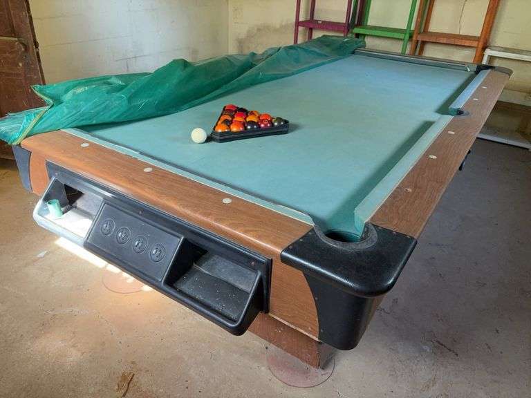 Plastic Pool Table with Accessories - located in basement - buyer responsible for disassembly and removal image
