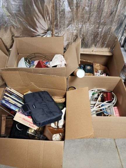 4 Boxes of Assorted Plumbing Supplies, Hardware, and Household Decor image