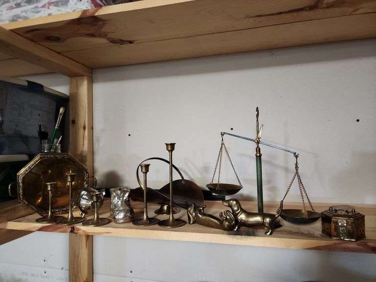 Assorted Brass Plated Household Decor - Candlesticks, Scale, Dogs image