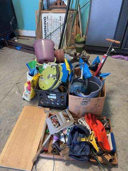 Large Group of Assorted Supplies, Buckets, Mirrors, Pole Saw (missing blade) image