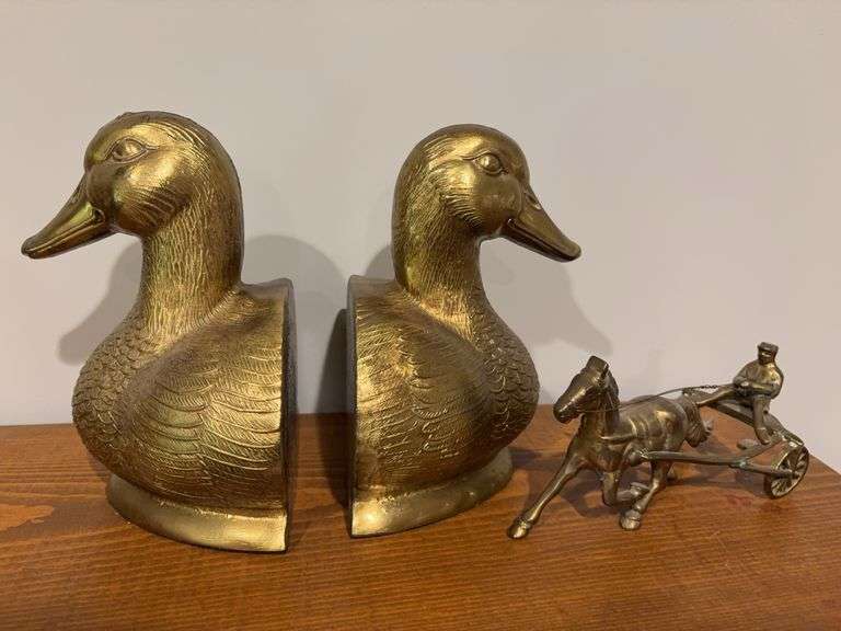 Brass Duck Book Ends and Horse with Buggy image