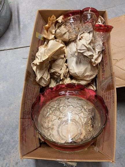 Red Rimmed Punch Bowl with Matching Glasses image