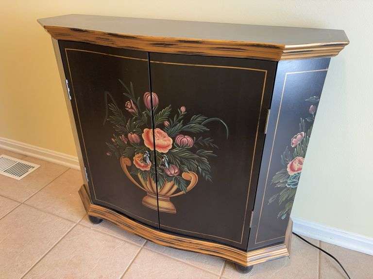 Black & Gold Floral Painted Liquor Cabinet - 35”W x 12”D x 30”H image