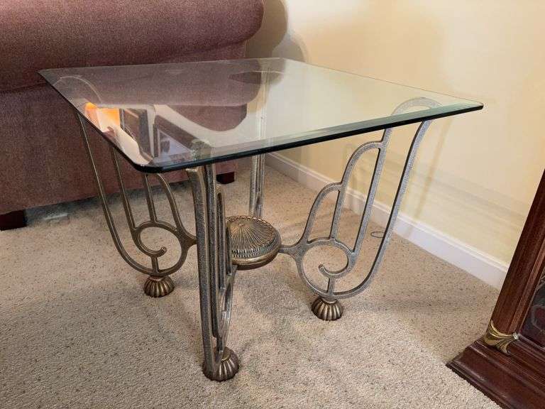 Pair of Glass Top Bevel Edged Side Tables with Wrought Iron Bases - 26”sq x 22”H image