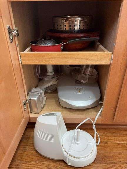 Contents of Kitchen Cabinet - Assorted Pots and Pans, George Foreman Grill, Food Processor and Misc image