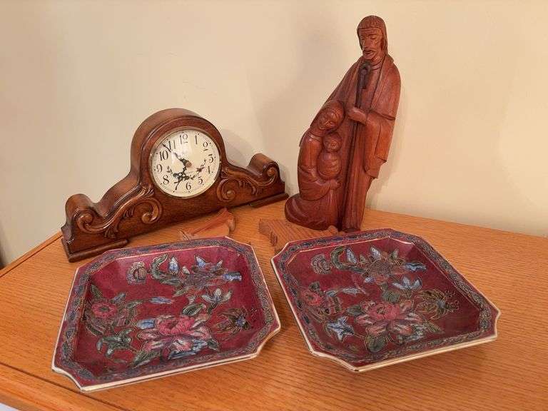 Mantle Clock, Wooden Jesus, Carved Wolves and decorative plates image