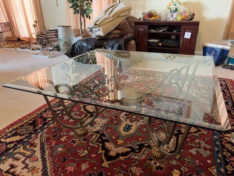 Glass Top Bevel Edged Coffee Table with Wrought Iron Base - 36”sq x 15”H image