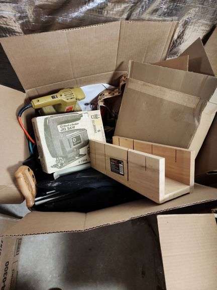 Box Lot Assorted Garage Supplies - Black & Decker Jig Saw, Black & Decker Sander, and Miter Box image