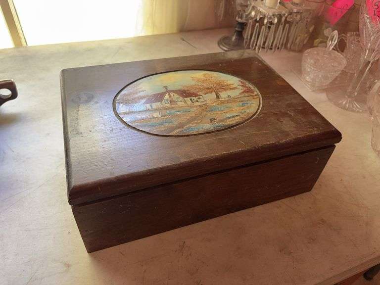 Hand Painted Wooden Trinket Box - 14”W x 10”D x 5”H image