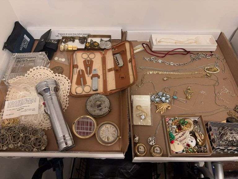 2 Box Lots of Assorted Costume Jewelry flashlight and Christmas pendants image