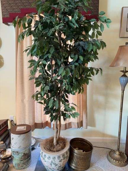 6.5’ Artificial Tree with Marble Base and Brass Planter image