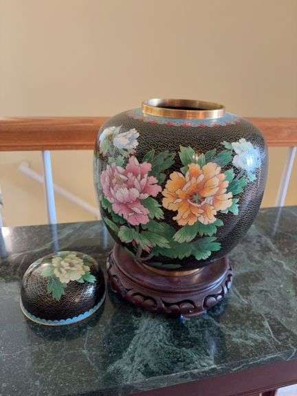 Floral Painted Urn with Wooden Stand image