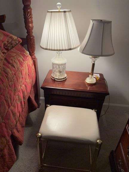 Pair of Glass Table Top Lamps and Cushioned  Stool image