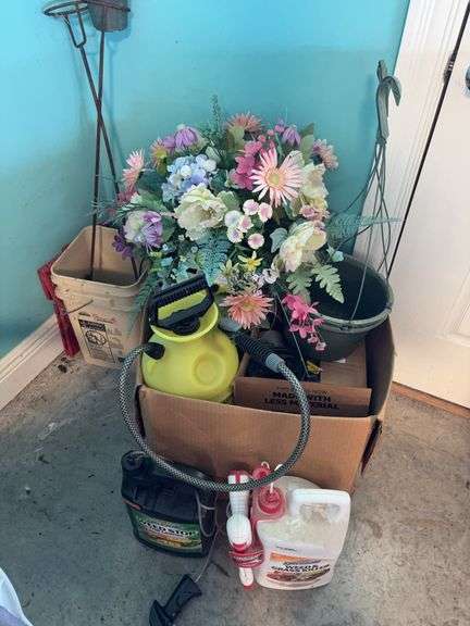 Garden Pump Sprayer, Step Stool and Assorted Garden Supplies image