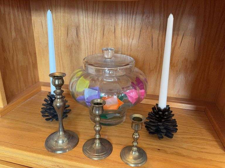 Brass Candle Holders, Pine Cone Candle Holders and Large Glass Bowl image