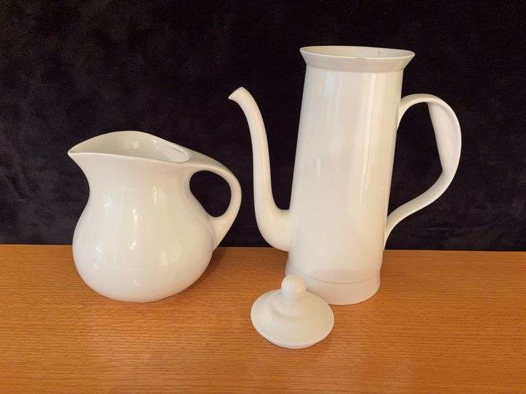 Pair of White Pitchers - 8” & 12” image
