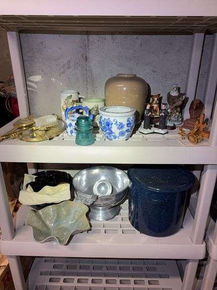 3 Shelves of Assorted Housewares bowls matched figurines image