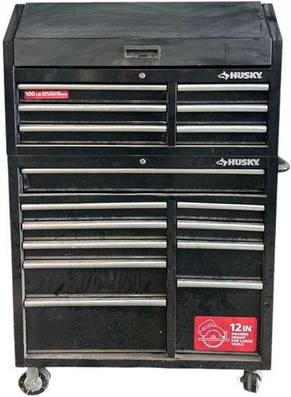 LARGE HUSKY 100 LBS. RATING SOFT CLOSE BALL BEARING TOOL BOX - APPROX. 65” TALL X 41” WIDE X 24.5” DEEP - W/ SMALL ASSORTMENT OF TOOLS