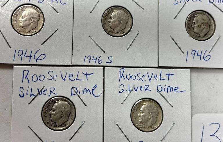 5 SILVER ROOSEVELT DIMES: 2- 1946, 1946-S 1947, 1957 image