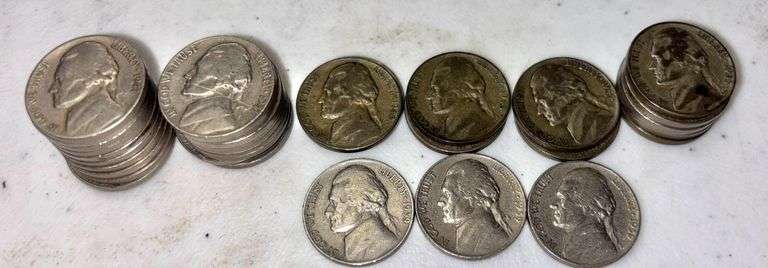 WARTIME U.S. JEFFERSON NICKELS PLUS OTHERS: 2 1942, 2 1943, 2 1944, 6 1945, PLUS 20 1941; 3 EARLY 1939 JEFFERSON NICKELS image