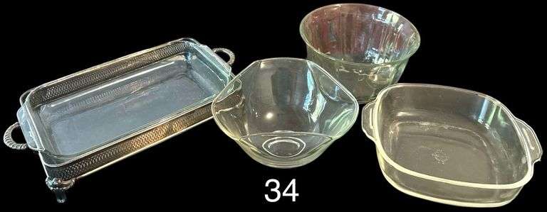 TWO GLASS BOWLS, PYREX CASSEROLE DISH WITH METAL HOLDER, AND FIRE-KING CASSEROLE DISH image