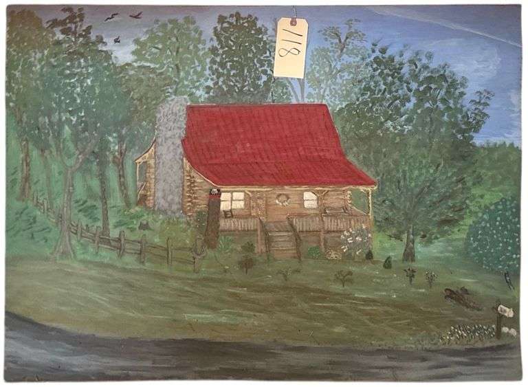 LARGE REVERSIBLE PAINTINGS ON BOARD: 1 SIDE LOG CABIN, 1 SIDE QUILT PATTERN - APPROX. 30.25” X 39.75” image