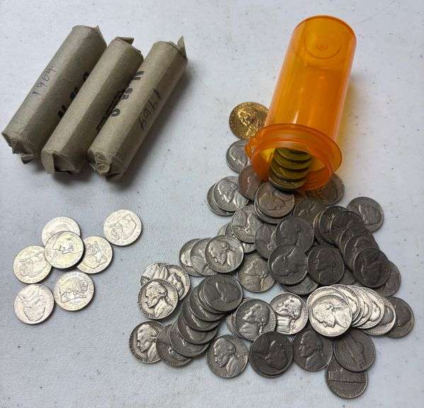 3 ROLLS OF JEFFERSON NICKELS: 2 MARKED 1964, 1 MARKED 1961; OTHER LOOSE NICKELS FROM THE 1950’S; 7 NEWER NICKELS image