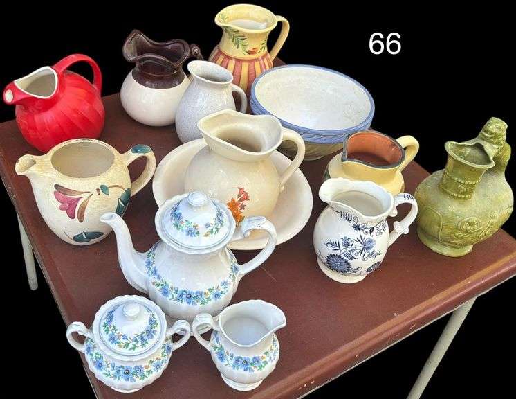 LOT OF 10 PITCHERS TO INCLUDE MCCOY BOWL AND PITCHER, OTHER MCCOY PITCHER J&G MEAKIN ENGLAND W/ MATCHING CREAM AND SUGAR, MIRIAM OVERTON POTTERY, AND OTHERS; GERMAN STYLE MIXING BOWL (MARKED OHIO USA); SMALL MCCOY BOWL image