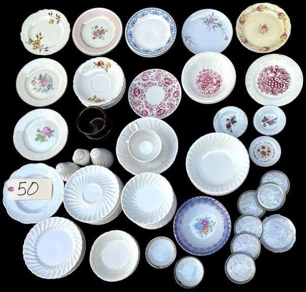 NICE ASSORTMENT OF CHINA PLATES, CUPS, AND SAUCERS TO INCLUDE CUNNINGHAM AND PICKETT, HOMER LAUGHLIN, GOLDEN ROSE FINE CHINA, CHELSEA, AND MANY MORE; SIX ALUMINUM GEESE COASTERS; FOUR POTTERY COASTERS; ETC. image