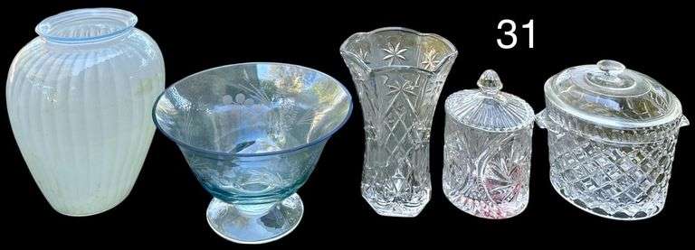 LENOX CRYSTAL FOOTED BOWL, RIBBED GLASS VASE, CLEAR PATTERN GLASS VASE, TWO GLASS JARS WITH LIDS image