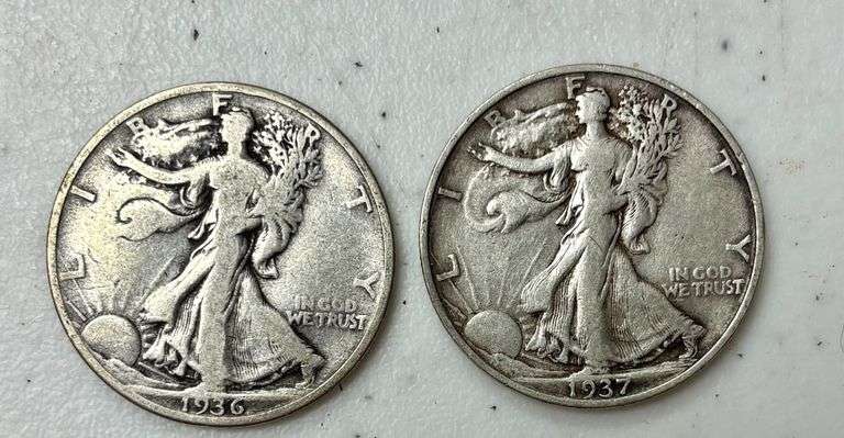 TWO U.S. WALKING LIBERTY SILVER HALF DOLLARS: 1936, 1937-D image