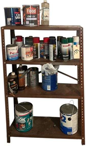 METAL RACK W/ CONTENTS: PAINT, PRIMER, WOOD FINISH, ETC. image